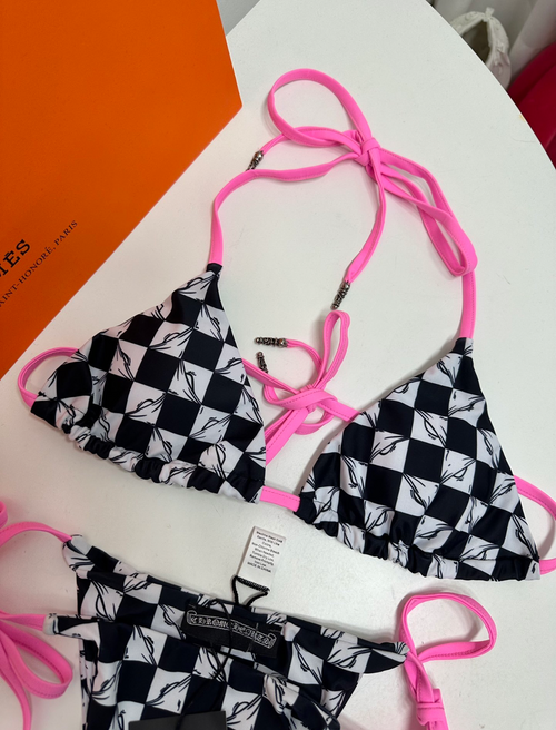 Chrome Hearts Dupe Bathing Suit Checkered Effect Hot Pink Strings Sexy Lil Ting Bikini