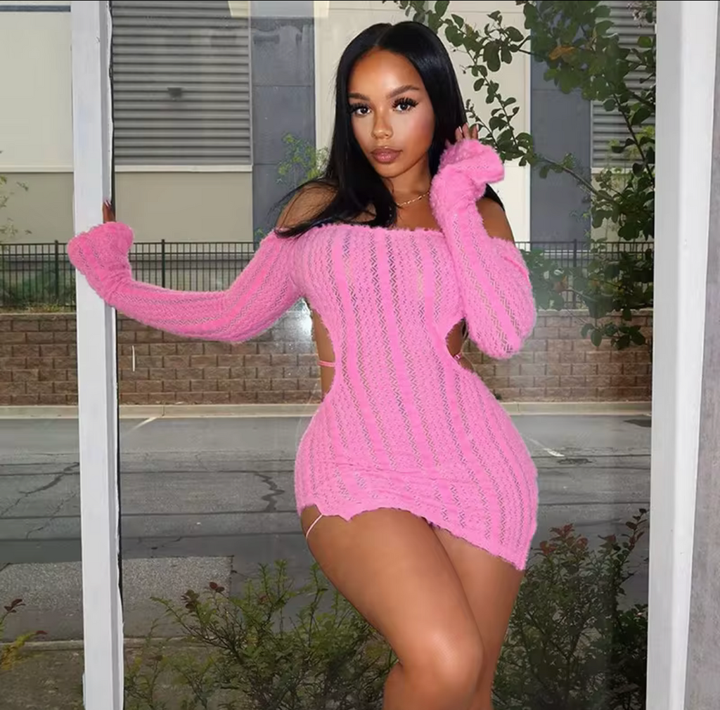 Pretty lil ting Fluffy Baddie or Soft girl Dress Open Back Long Sleeve Short Dress