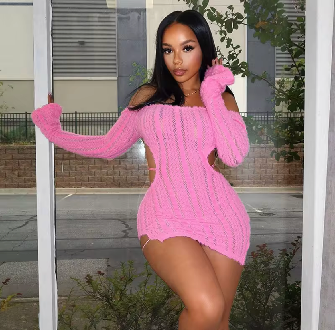 Pretty lil ting Fluffy Baddie or Soft girl Dress Open Back Long Sleeve Short Dress