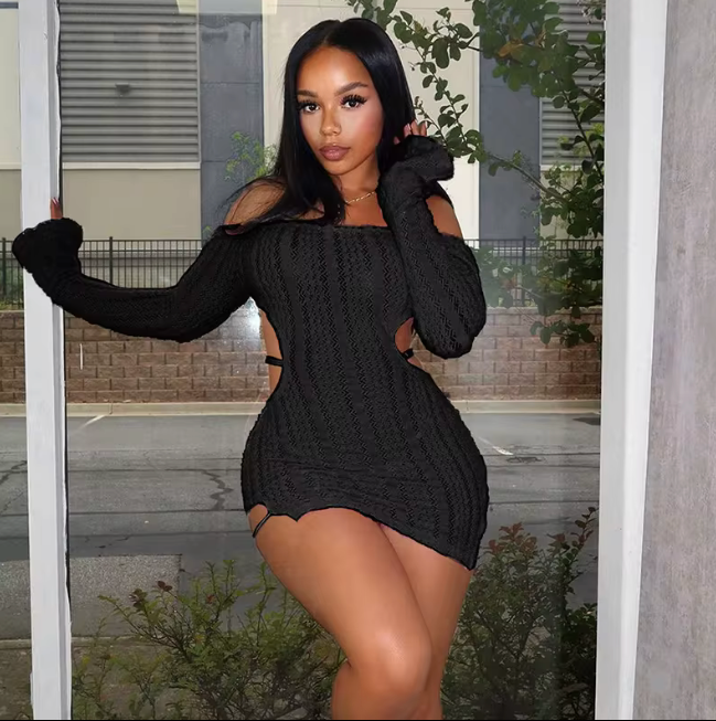 Pretty lil ting Fluffy Baddie or Soft girl Dress Open Back Long Sleeve Short Dress