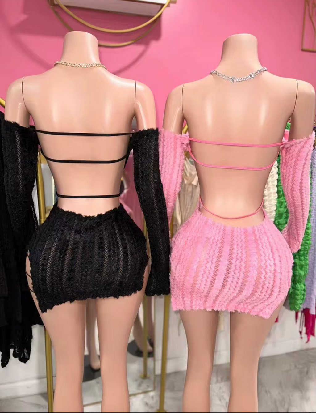 Pretty lil ting Fluffy Baddie or Soft girl Dress Open Back Long Sleeve Short Dress