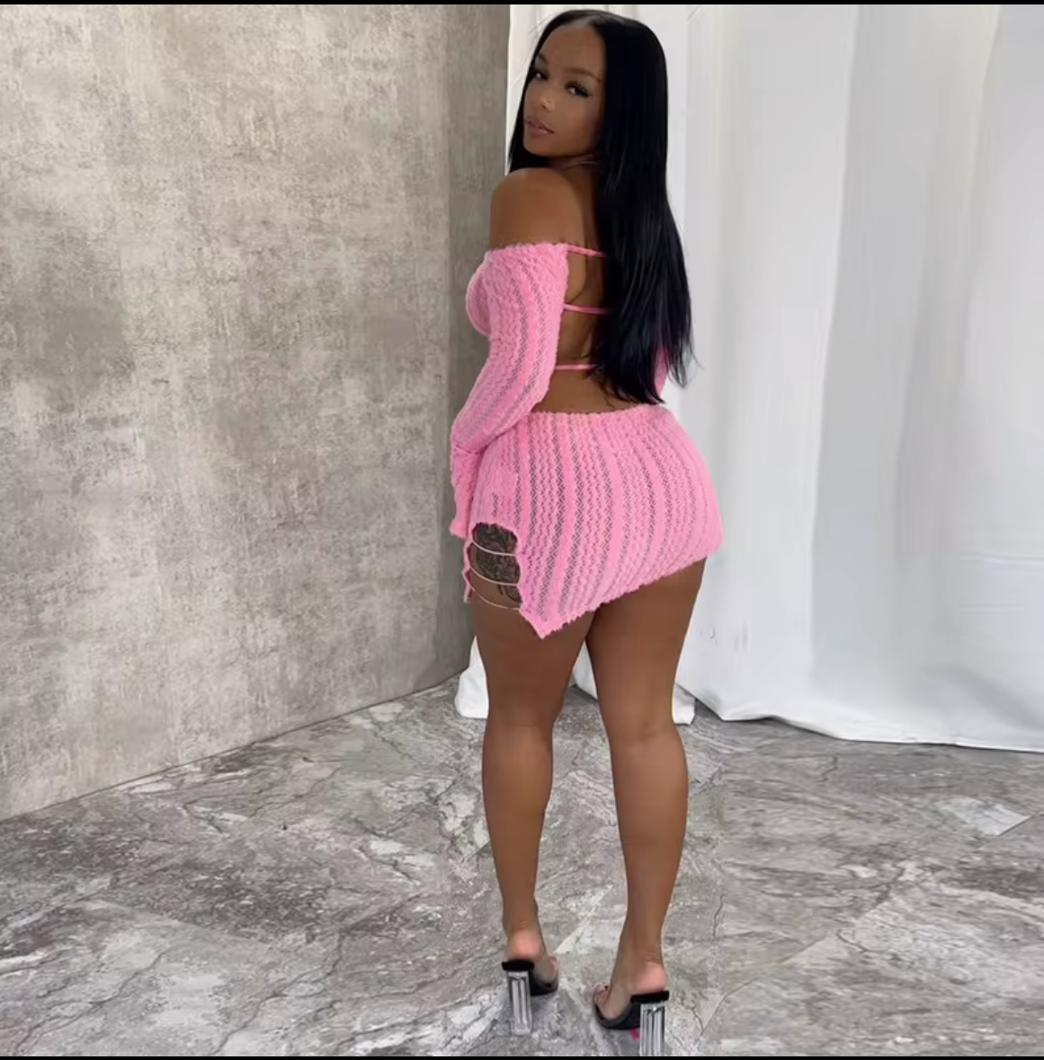 Pretty lil ting Fluffy Baddie or Soft girl Dress Open Back Long Sleeve Short Dress