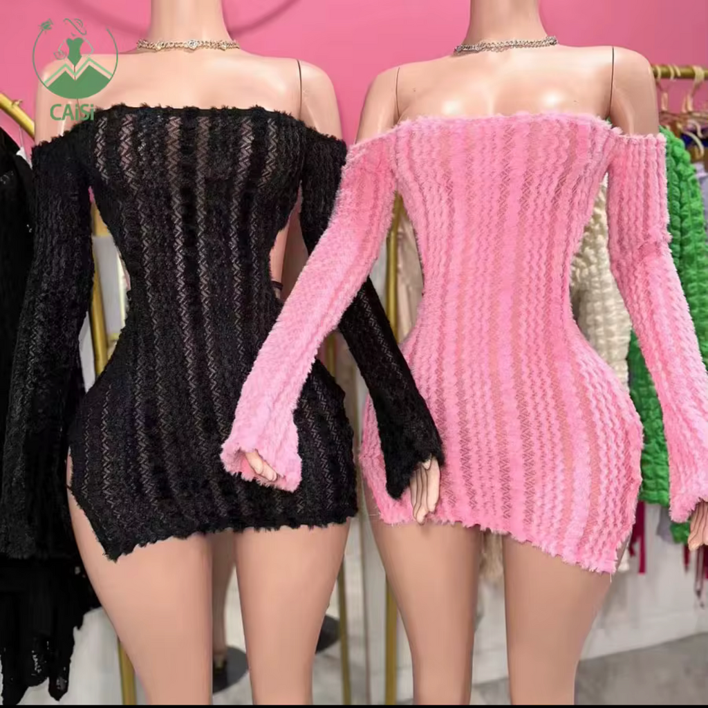 Pretty lil ting Fluffy Baddie or Soft girl Dress Open Back Long Sleeve Short Dress