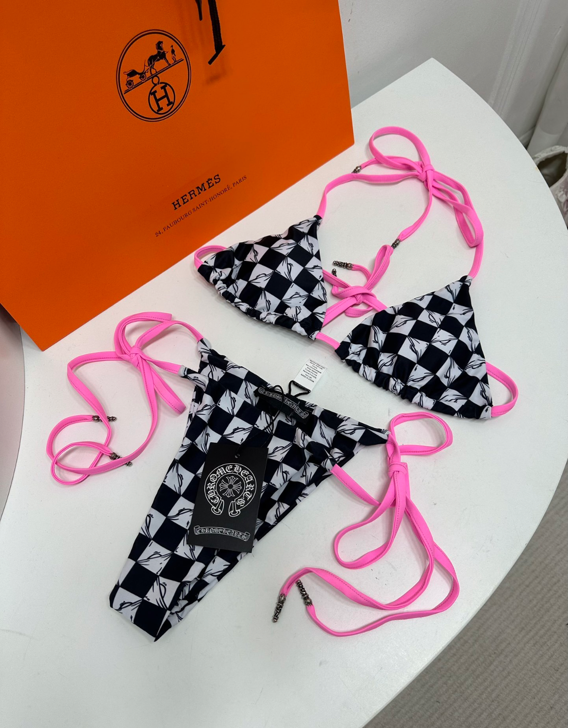 Chrome Hearts Dupe Bathing Suit Checkered Effect Hot Pink Strings Sexy Lil Ting Bikini