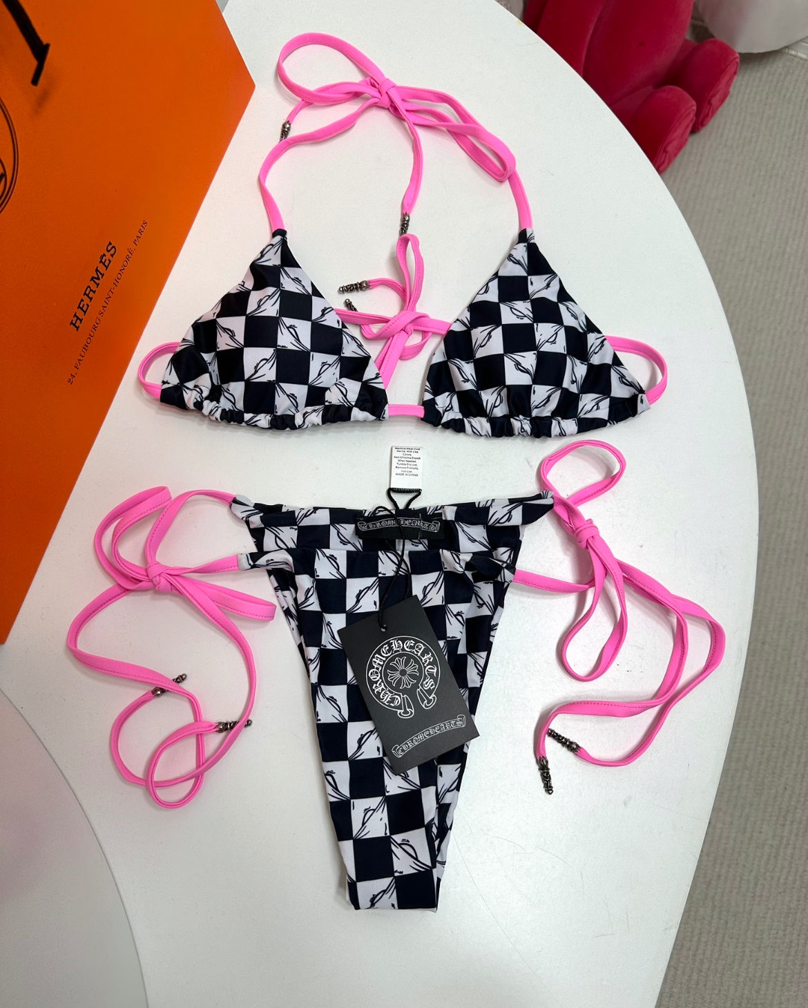 Chrome Hearts Dupe Bathing Suit Checkered Effect Hot Pink Strings Sexy Lil Ting Bikini